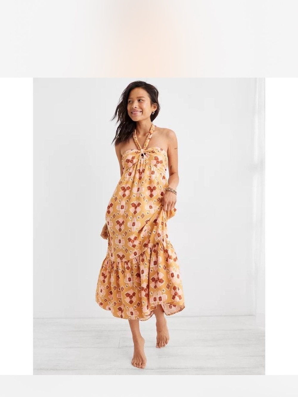 Aerie Boho Halter Braided Tie Maxi Linen Blend Sundress Orange M NWT